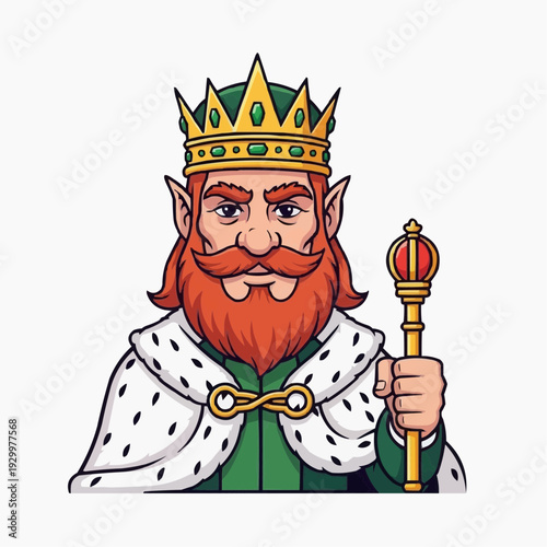 King with a crown and scepter, wearing a fur-lined cloak, looking regal.