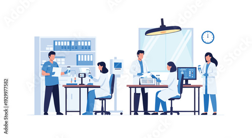 Five scientists in white lab coats and blue scrubs perform research and analysis using medical equipment in a bright professional laboratory setting.