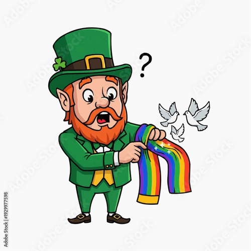 Confused leprechaun holding a rainbow scarf with doves flying away.
