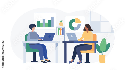 Vector illustration of two people working on laptops at a desk
