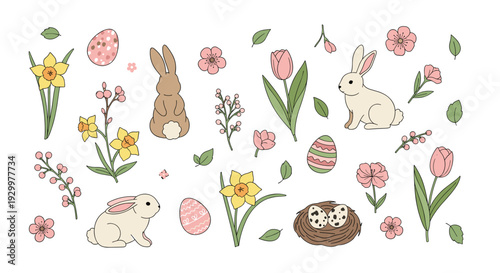 A scattered collection of hand drawn Easter themed illustrations including rabbits decorated eggs spring flowers and a bird nest with speckled eggs on a white background.