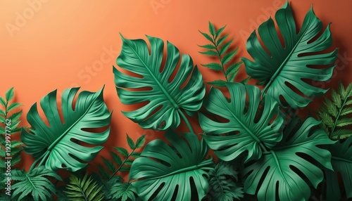 Large green monstera leaves and ferns arranged on a vibrant orange background. This tropical foliage offers a fresh natural backdrop, perfect for summer or jungle themes.