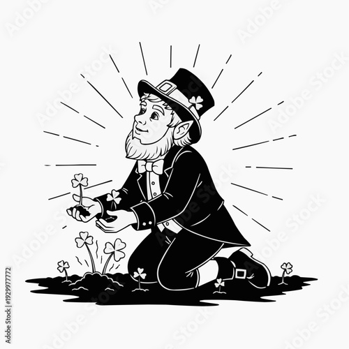 A smiling leprechaun kneels to tend to growing shamrocks, radiating light and symbolizing luck, growth, and Irish charm.