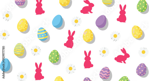A repeating seamless pattern of pink bunny silhouettes colorful patterned easter eggs and white daisy flowers with yellow centers scattered on a plain white background.