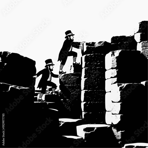 Two determined leprechauns climb ancient, rugged stone steps, symbolizing challenge and perseverance in Irish folklore.