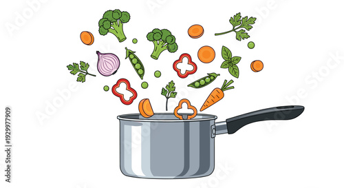 A stainless steel cooking pot with a black handle receiving a variety of falling fresh vegetables including broccoli carrots onions and peppers on a white background.