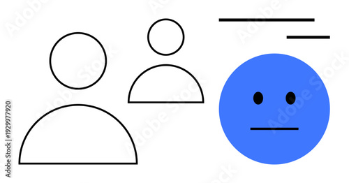 Communication, emotions, relationships, teamwork, social dynamics, digital interaction. Minimalist design with two outlined figures and a blue face conveying emotion. Communication and emotions