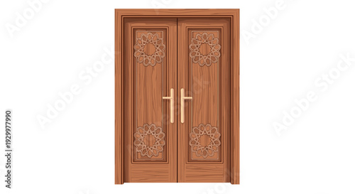 A set of light brown wooden double doors with intricate circular geometric carvings and long vertical gold handles stands on a white background.