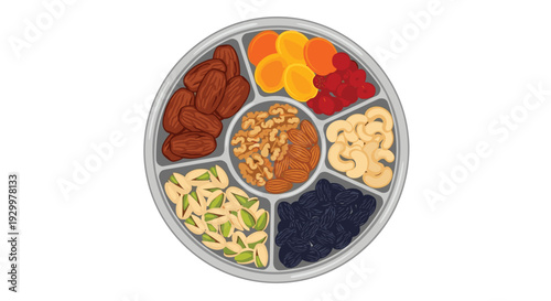 A top-down view shows a circular divided tray filled with sections of dates, apricots, cranberries, cashews, raisins, and mixed nuts.