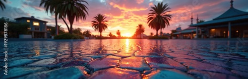 Pavement stones reflect vibrant sunset sky with palm trees. Water puddles on wet ground mirror orange pink clouds. Buildings and tropical foliage in soft focus background.