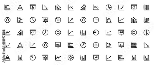 Graph and Chart Icon Set. Minimal Vector Icons Pack. Includes Bar, Line, Pie, Pyramid Charts. Editable Business Infographic Symbols.
