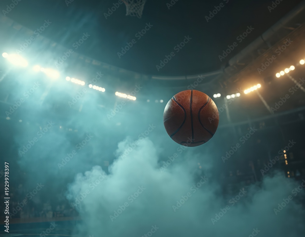 Fototapeta premium Basketball flies in smoky arena under bright stadium lights. Dramatic low angle view of ball in air, sports game motion, intense energy, competition atmosphere. Night sports event.