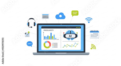 Laptop with ai and business graphs on screen surrounded by icons of technology and communication tools on white background