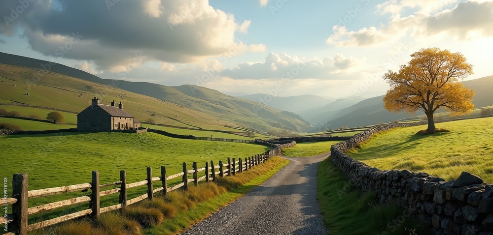 Fototapeta premium Stone farmhouse sits on green rolling hills beside dirt road. Yellow tree stands near winding grey stone wall. Gentle mountains fade into soft hazy blue distance under cloud sky.