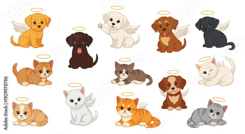 Twelve cartoon puppies and kittens with golden halos and white wings sit and lie against a plain white background.