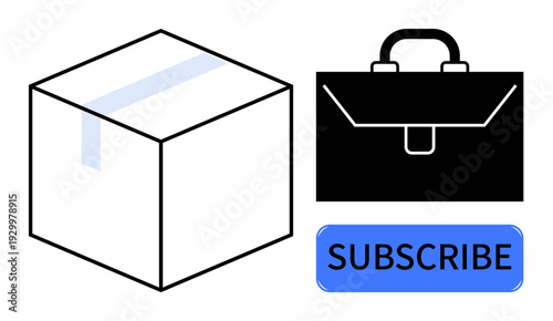 E-commerce, business services, subscription plans, online retail, packaging, membership. A box, a briefcase and a subscribe button. E-commerce and business services concept