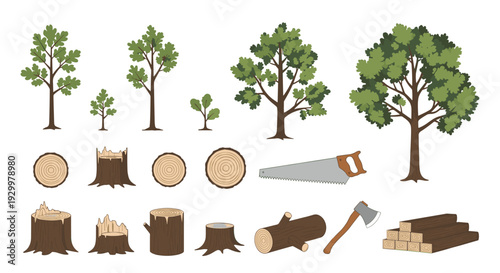 Eighteen forestry items including green trees and stumps with woodworking tools are shown on a white background.