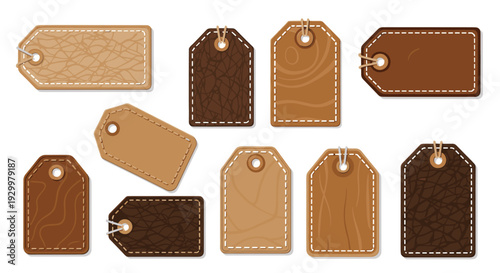 Ten different shaped leather gift tags in shades of brown and tan with white stitching and strings scattered across a white background.