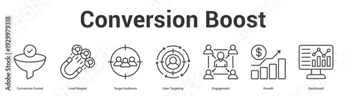 Conversion Boost web banner icon set vector illustration concept for business with icon of Conversion Funnel, Lead Magnet, Target Audience, User Targeting, Engageme.