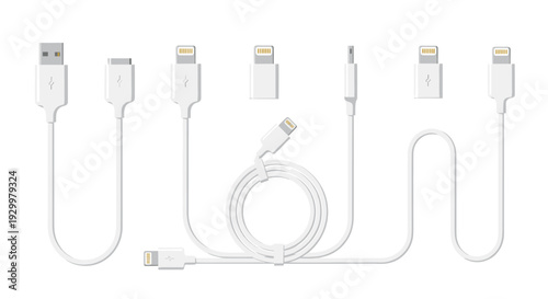 Seven white mobile charging cables with different connector tips and one central coiled wire arranged horizontally on a plain white background.
