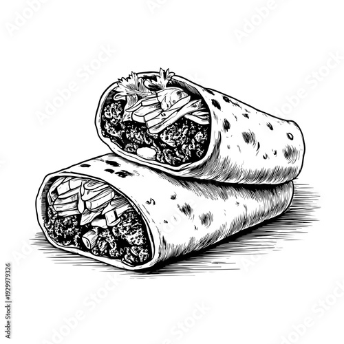 Detailed hand-drawn illustration showcasing two stacked burritos, a savory and hearty meal element, perfect for rustic menu designs, food blogs, and graphic resources on adobe stock