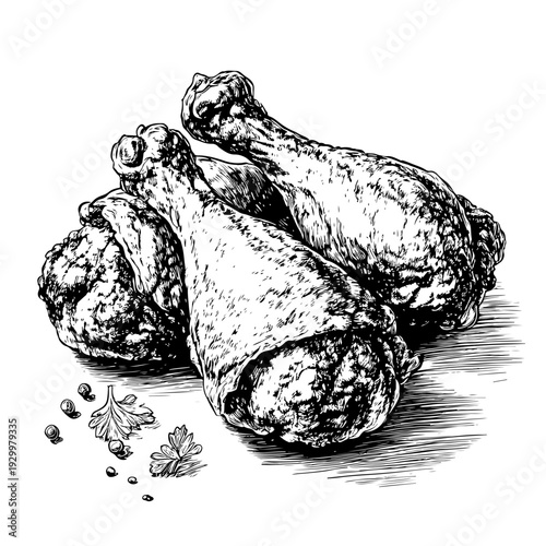Appetizing hand-drawn fried chicken drumsticks, a savory culinary sketch with seasoned herbs and peppercorns, ideal for your creative projects on adobe stock