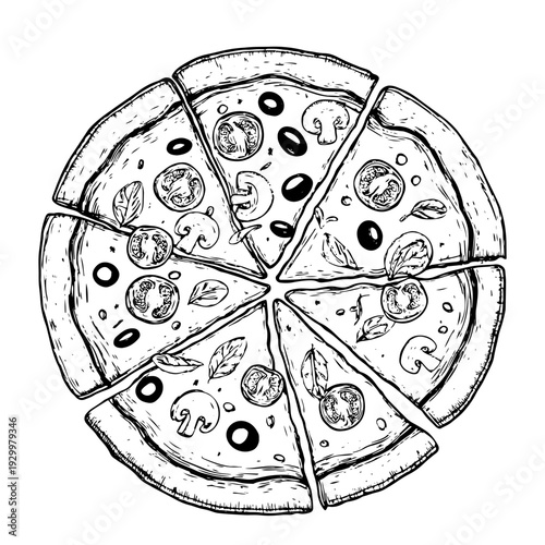 Rustic hand drawing element depicting a classic round pizza, artistically illustrated with fresh toppings and neatly cut slices, a versatile graphic for adobe stock