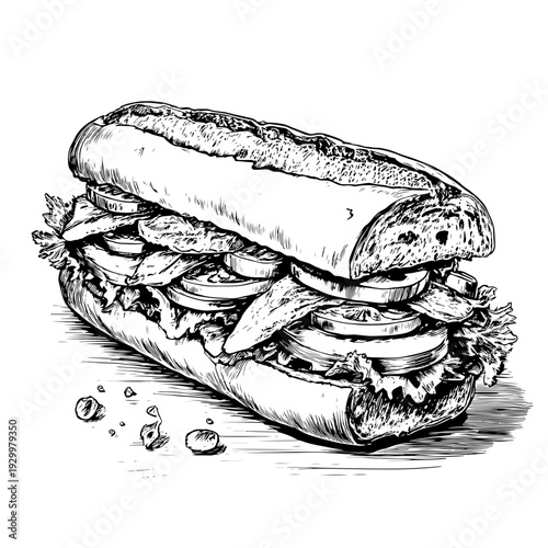 Delicious hand-drawn sandwich illustration, a vintage-style sketch of a fresh sub baguette, perfect for menu designs and food concepts, available on adobe stock