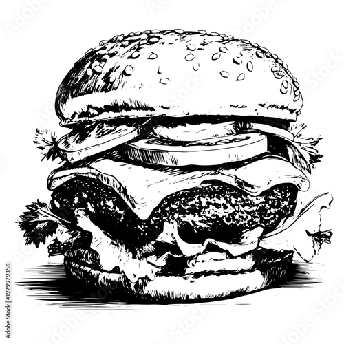 Hand-drawn gourmet hamburger sketch in classic monochrome style, a delicious food element illustration for menu designs and culinary projects available on adobe stock