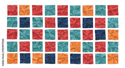Forty muted red orange teal and navy blue square crumpled paper pieces arranged in a neat five by eight grid on a white background.
