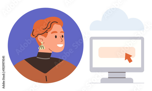 Technology, communication, internet use, remote work, cloud storage, digital interaction. Profile of a person with a computer screen and cloud icon. Technology and communication concept