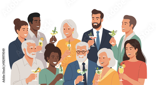 Diverse group of multi-generational men and women in formal attire holding colorful cocktail glasses with garnishes while standing together against a solid white background.