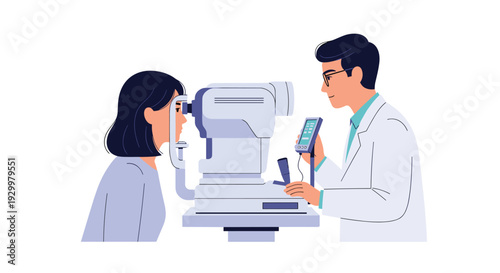 Male ophthalmologist in a white medical coat performs an eye examination on a female patient using a professional slit lamp machine against a plain white background.