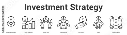 Investment Strategy web banner icon set vector illustration concept for business with icon of Investment Growth, Stock Analytics, Mutual Fund, Investor Group, Profit Return, De.