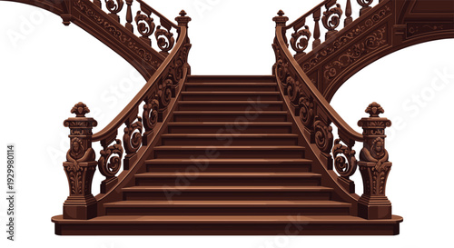 A grand symmetrical wooden staircase with intricate swirling carvings on the railings is shown against a white background.