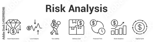Risk Analysis web banner icon set vector illustration concept for business with icon of Asset Depreciation, Loss Analysis, Tax Liability, Delivery Cost, Financial Time, Stock Analyti.
