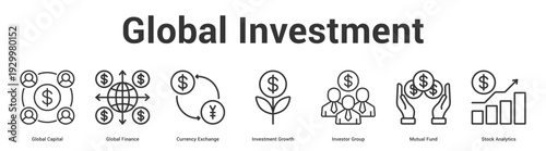 Global Investment web banner icon set vector illustration concept for business with icon of Global Capital, Global Finance, Currency Exchange, Investment Growth, Investor Group, Mutual Fu.