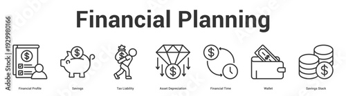 Financial Planning web banner icon set vector illustration concept for business with icon of Financial Profile, Savings, Tax Liability, Asset Depreciation, Financial Time, Wall.