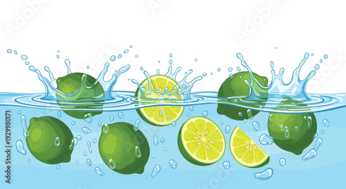 Whole and sliced green limes splash into clear blue water with bubbles and droplets against a white background.