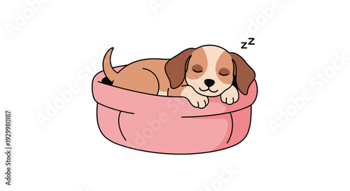 A small brown and white puppy sleeps comfortably inside a round pink pet bed on a plain white background.