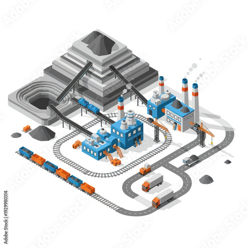 Isometric Coal Mining and Processing Plant with Train Transport.