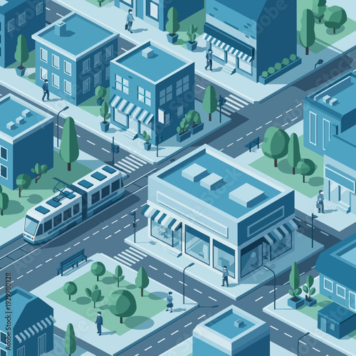 Isometric Cityscape with Tram and Buildings.