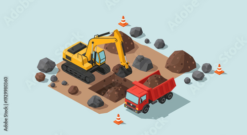 Isometric Construction Site with Excavator and Dump Truck.