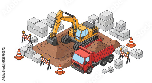 Isometric Construction Site with Excavator and Dump Truck.