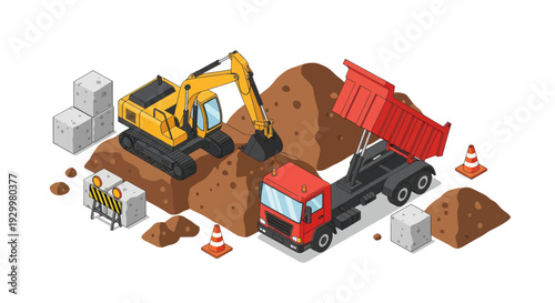 Isometric Construction Site with Excavator and Dump Truck Working.