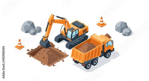 Isometric Construction Site with Excavator Digging and Dump Truck Loading Soil.