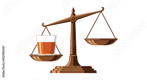 A wooden balance scale tilts to the left under the weight of a glass filled with amber liquid on a white background.