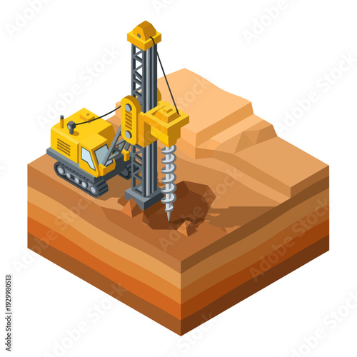 Isometric drilling rig excavating ground for construction project.