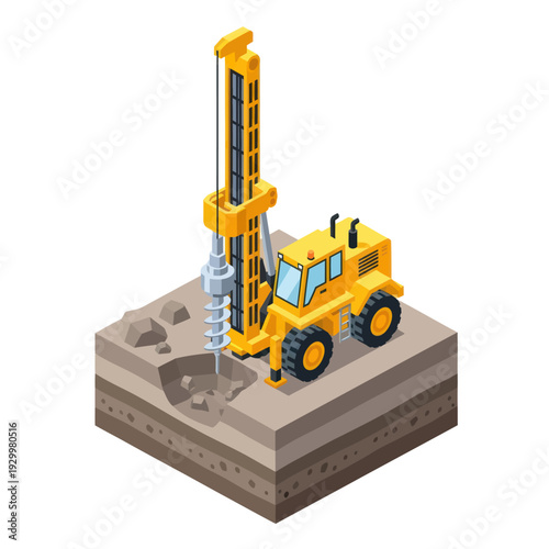 Isometric Drilling Machine on Construction Site Digging Ground.