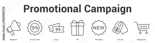 Promotional Campaign web banner icon set vector illustration concept for business with icon of Megaphone, Discount Label, Coupon, Gift, New Badge, Price T.